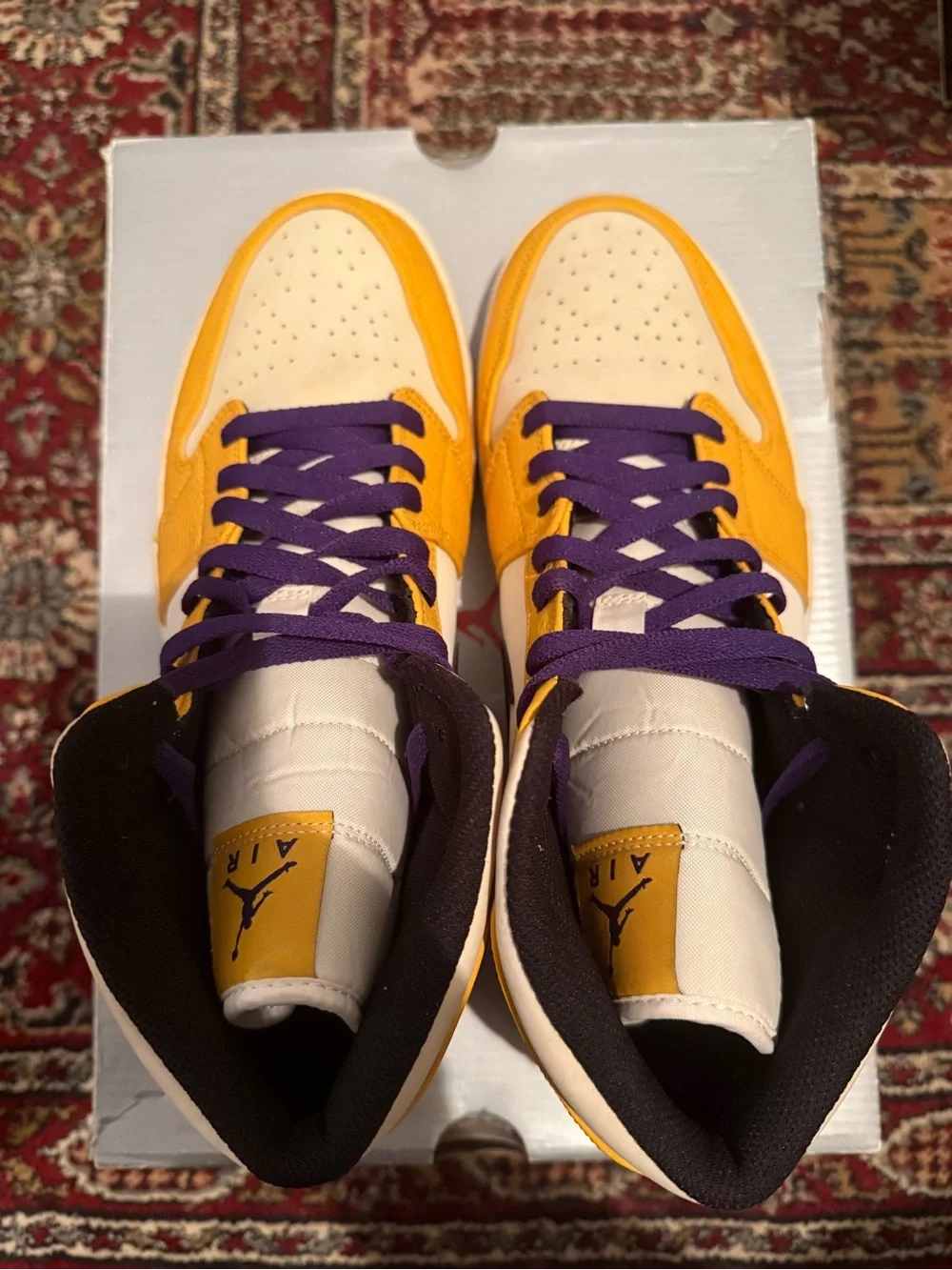 Jordan 1 Mid SE Lakers High-Top Sneakers - Yellow/White/Black with Purple Laces